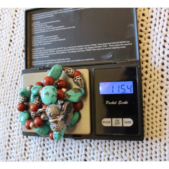 Vintage Turquoise & Coral Necklace Sterling Silver 115.4g Tribal Native American - Picture 2 of 13